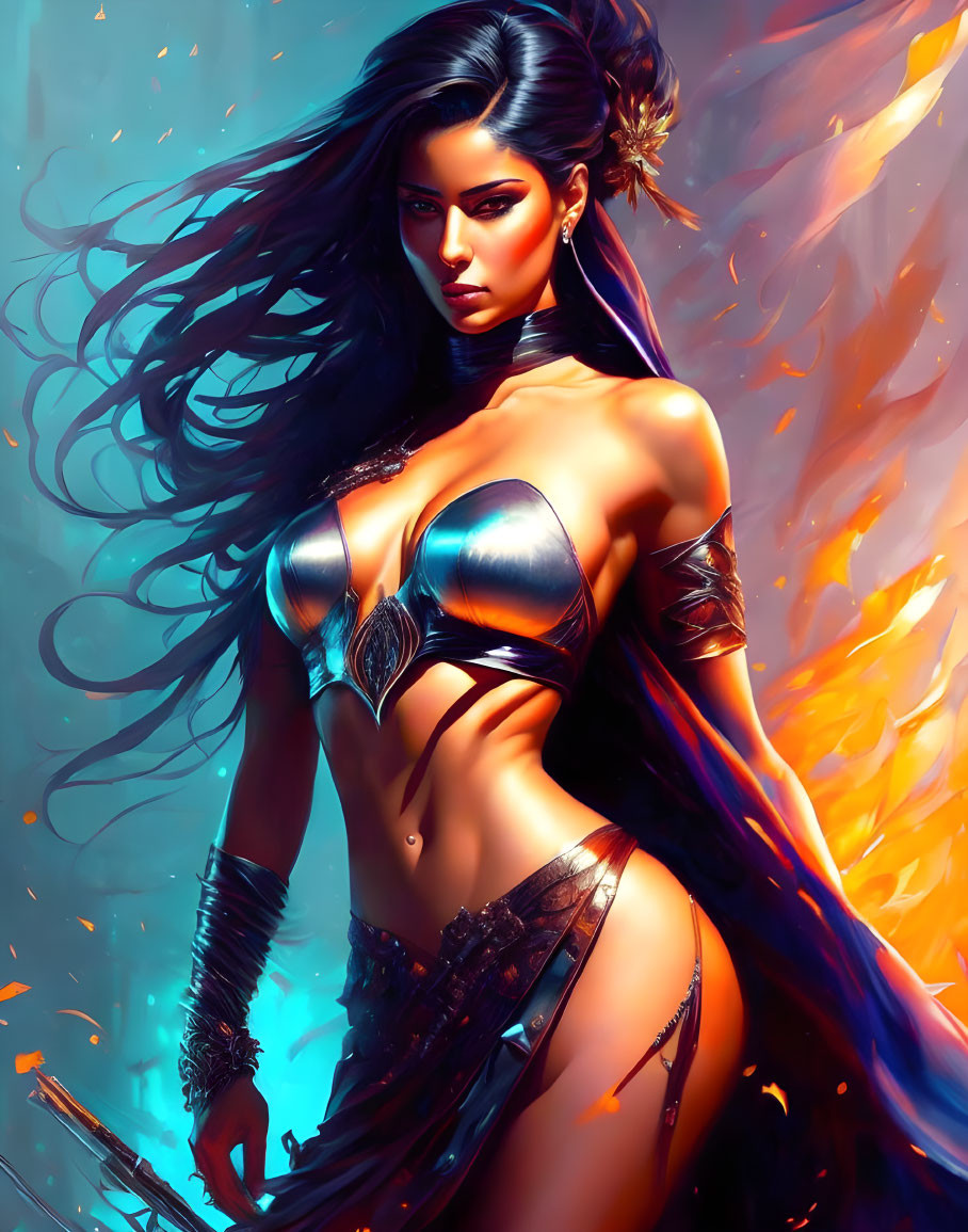 Warrior woman with dark hair in metallic armor against fiery backdrop