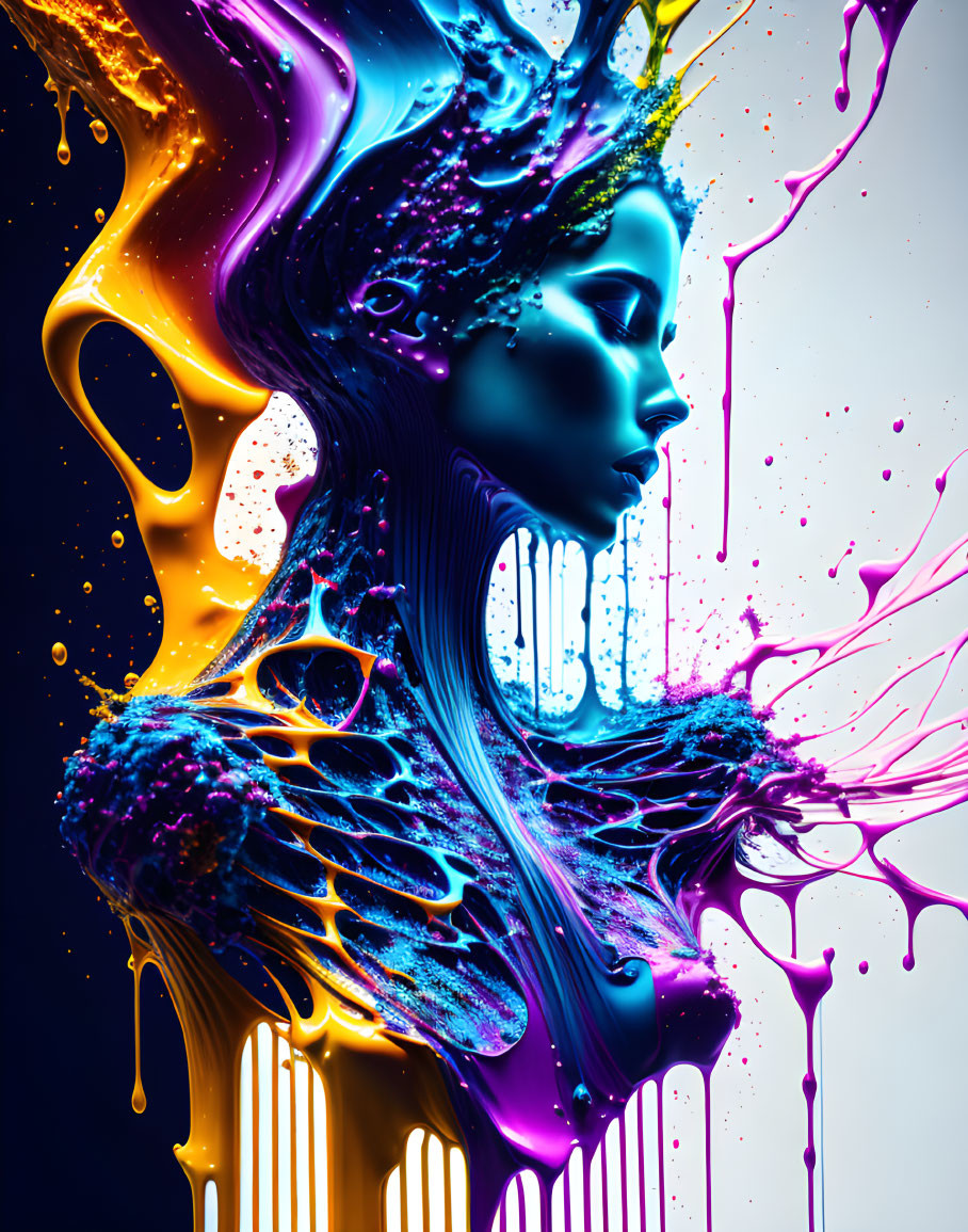 Colorful digital artwork: Female profile with flowing hair and paint splashes