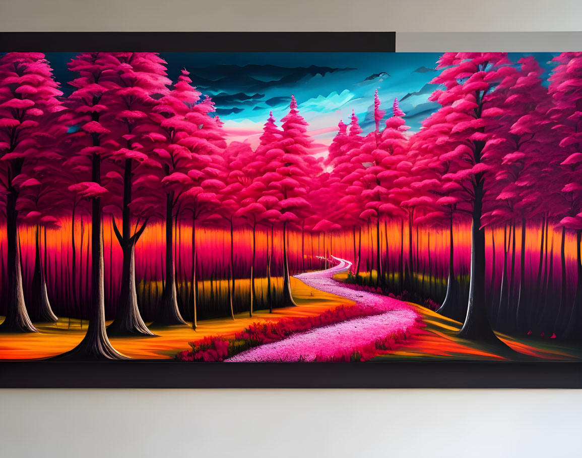 Forest painting with pink foliage and winding path under twilight sky