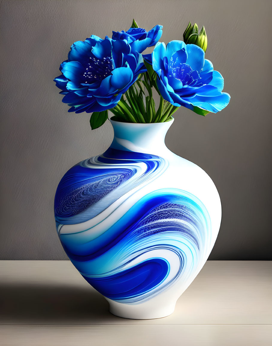 Swirling Blue and White Pattern Vase with Vibrant Blue Flowers