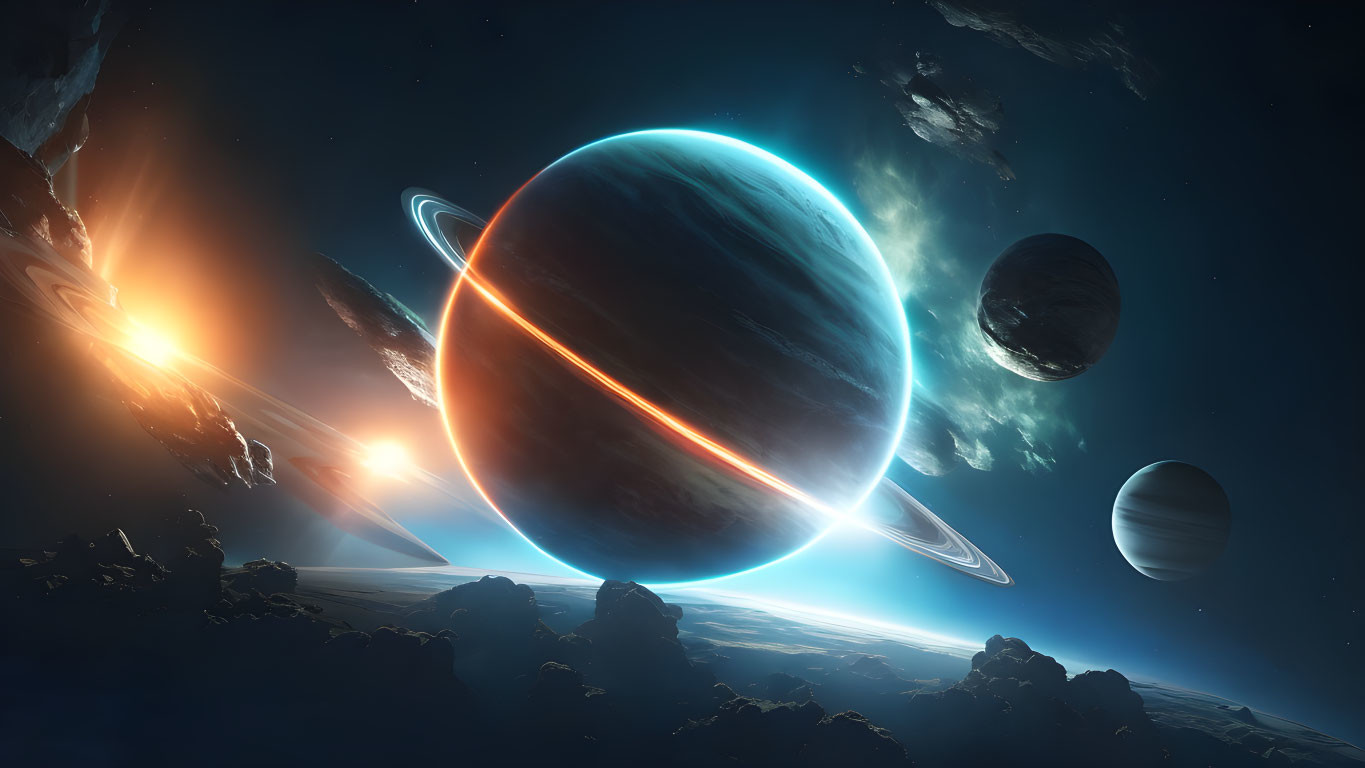 Stunning Outer Space Scene with Large Planet and Rings