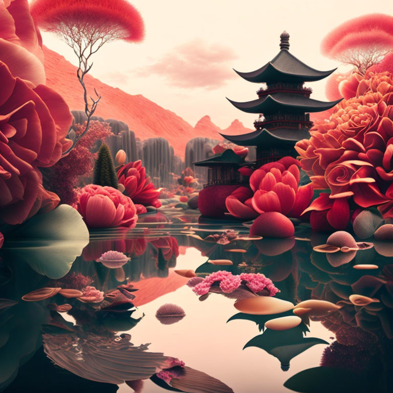 Fantastical landscape with oversized flowers and pagoda by reflective water