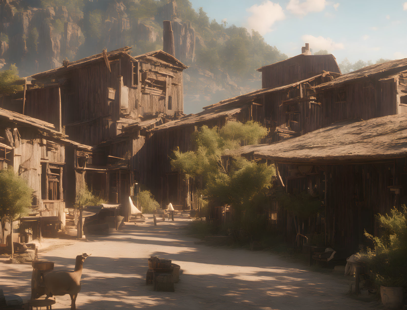 Rustic wooden village scene with dusty street, sunlight, and goat.