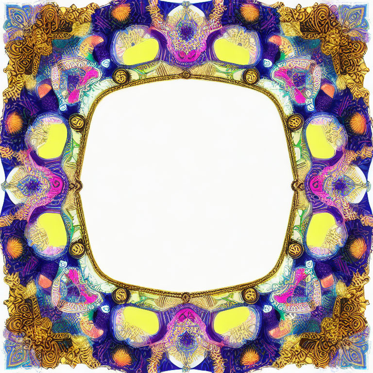 Colorful Kaleidoscopic Frame with Golden Accents and Blank Space