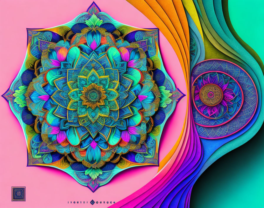 Colorful Mandala Artwork with Floral Patterns on Vibrant Background