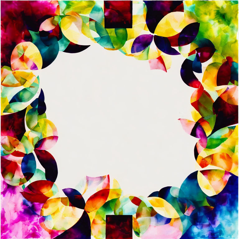 Vibrant Watercolor Painting with Overlapping Shapes in Pink, Yellow, Blue, and Green