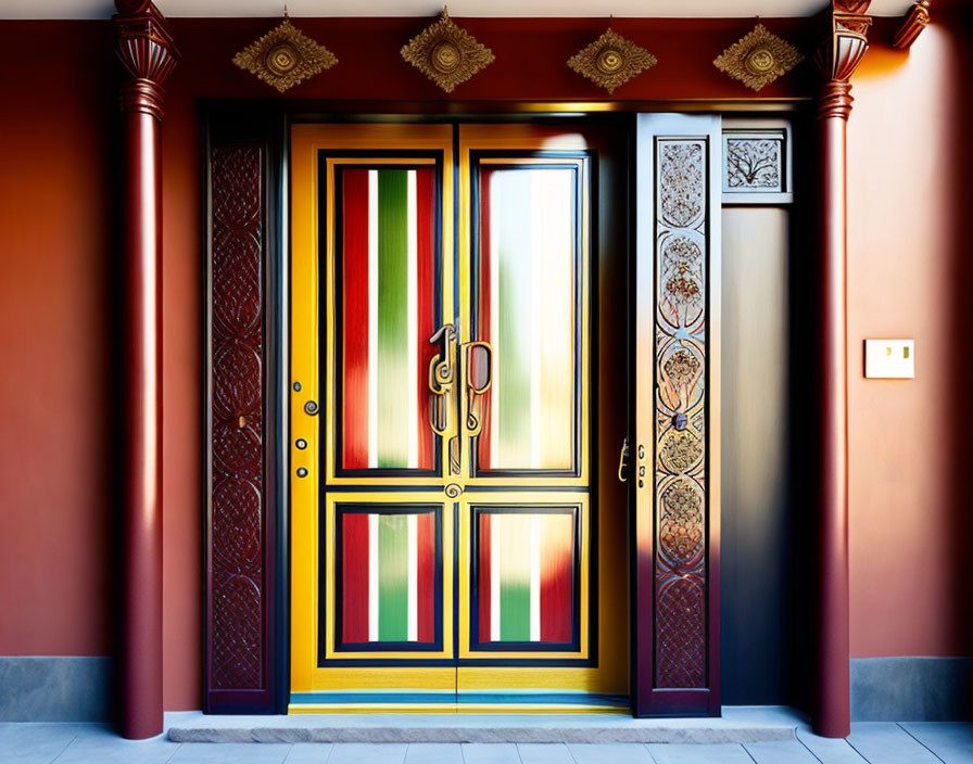 Colorful Ornate Door with Red, Green, and Yellow Panels
