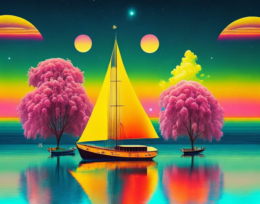 Colorful surreal seascape with golden sailboat, pink trees, moons, and bright skies