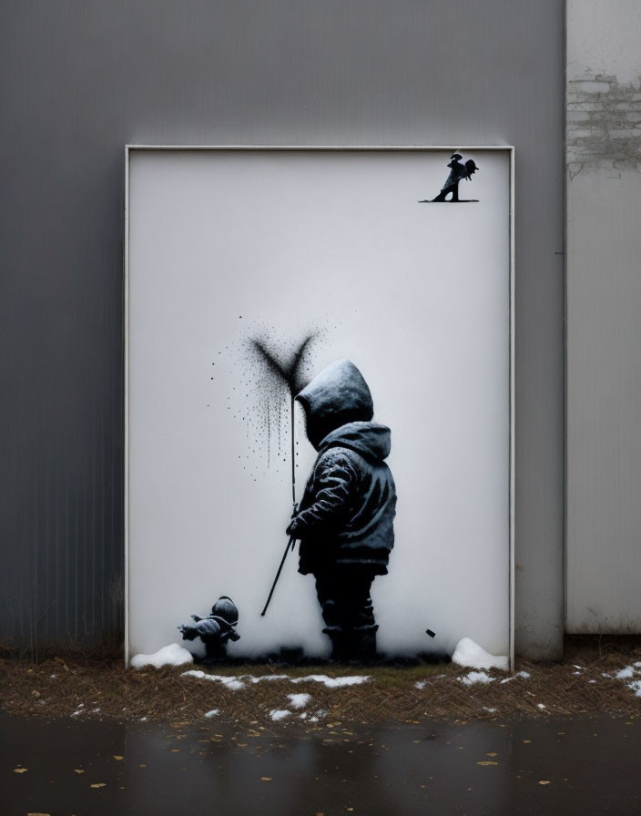 Childhood fantasy mural: hooded child with toy knight and paint splotch.