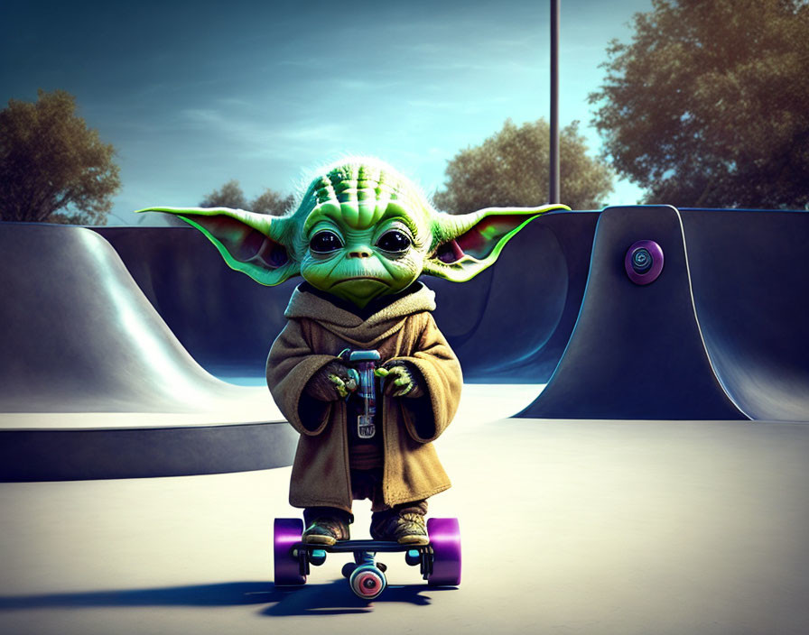 Childlike Yoda character on a skateboard in a skate park