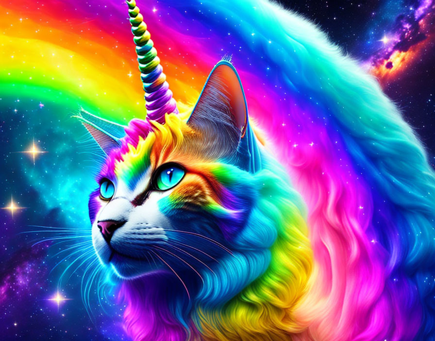 Colorful Cat with Unicorn Horn in Cosmic Rainbow Scene