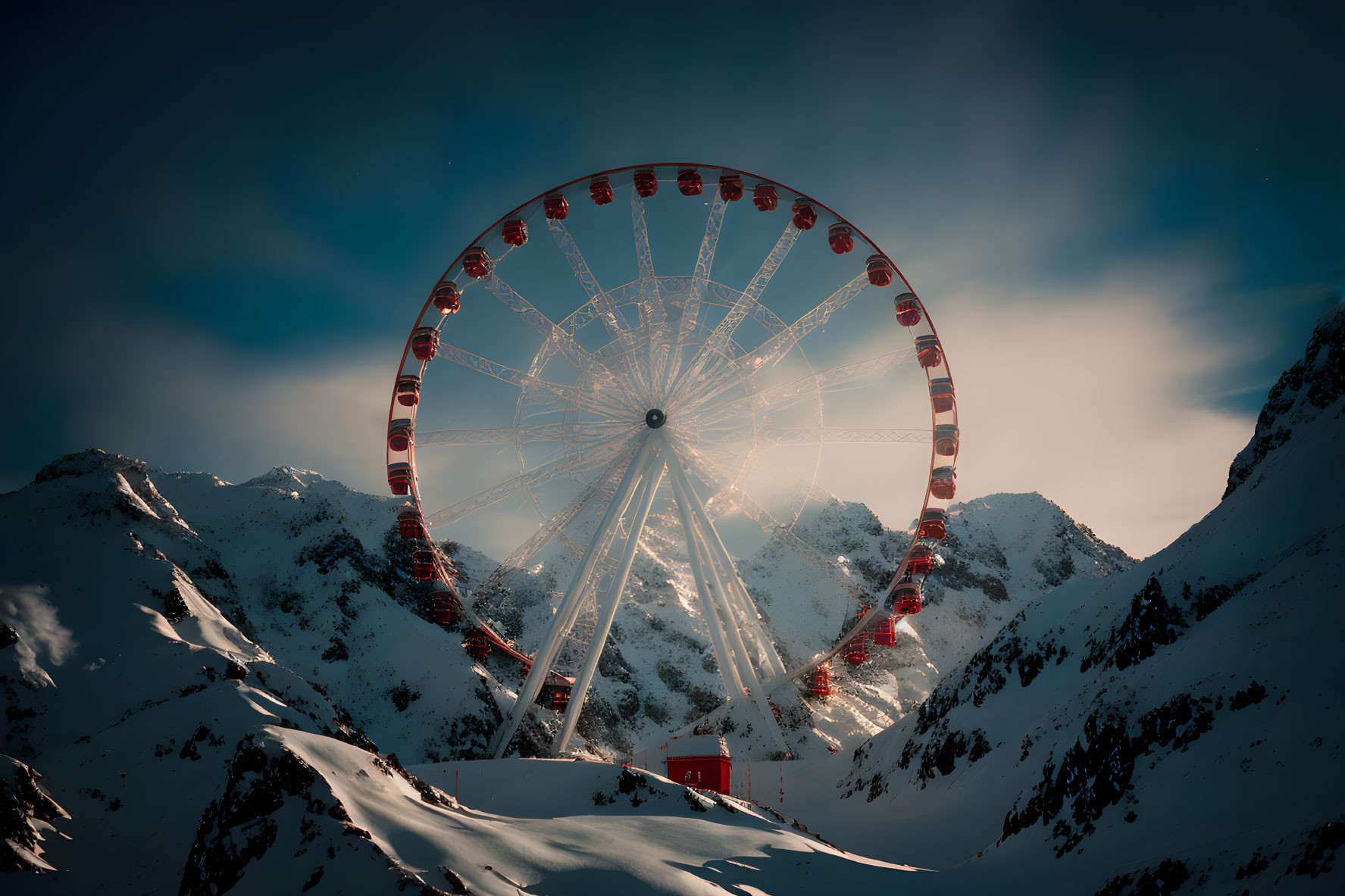 Red Cabin Ferris Wheel in Snowy Mountain Landscape