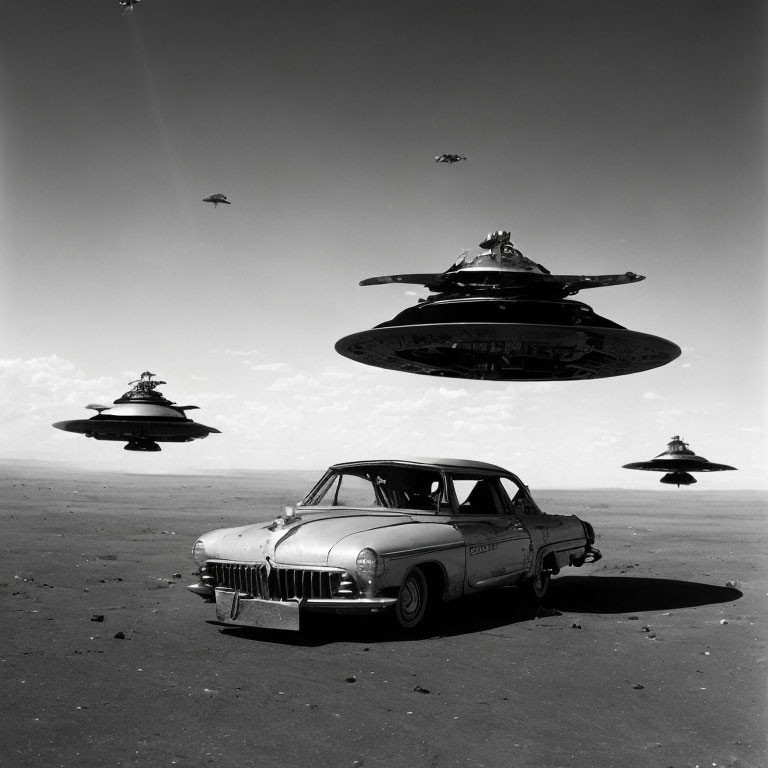 Vintage Car Parked in Barren Landscape with Hovering Flying Saucers