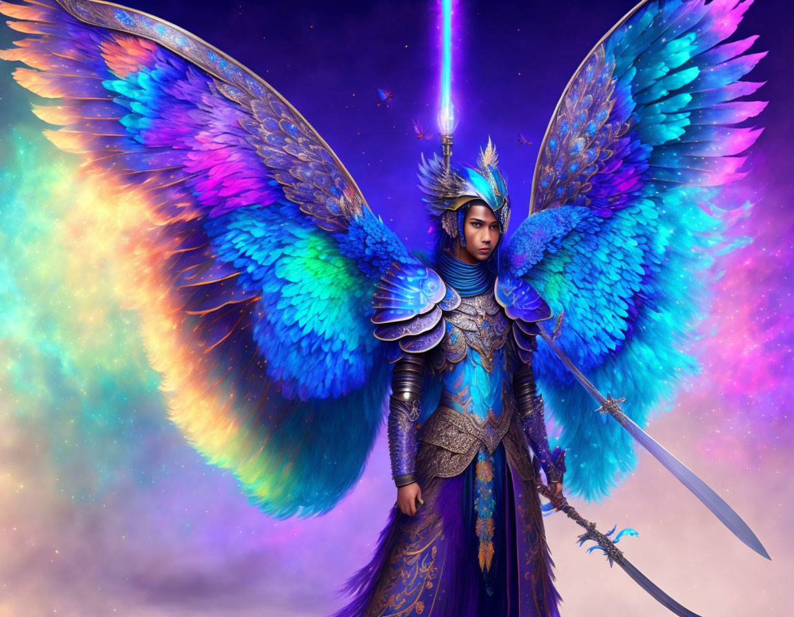 Majestic figure with blue wings and sword in cosmic setting