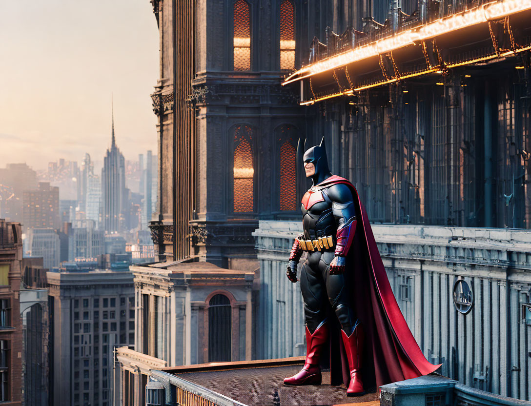 Person dressed as Batman on building ledge at dawn with cityscape and gothic architecture.