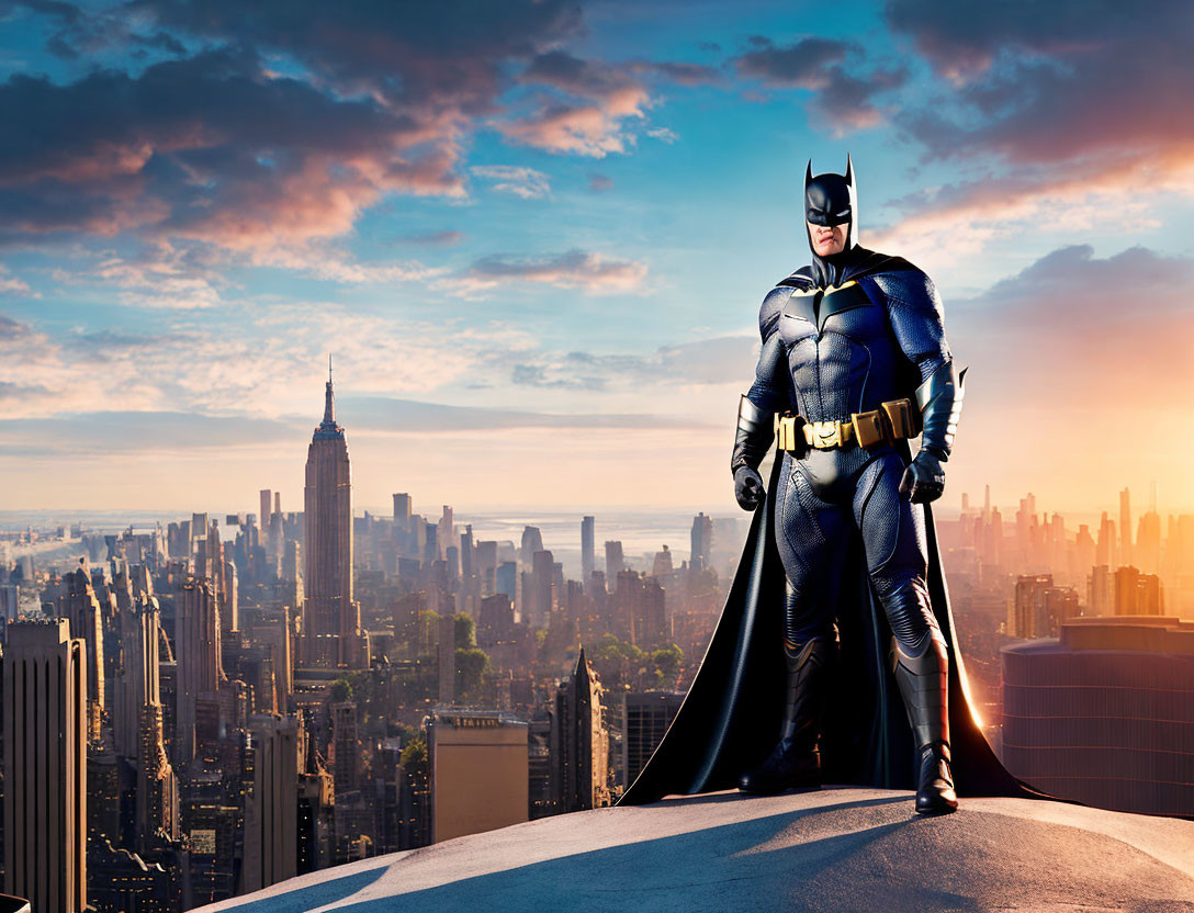 Person in Batman costume on rooftop at sunset with city skyline and dramatic clouds