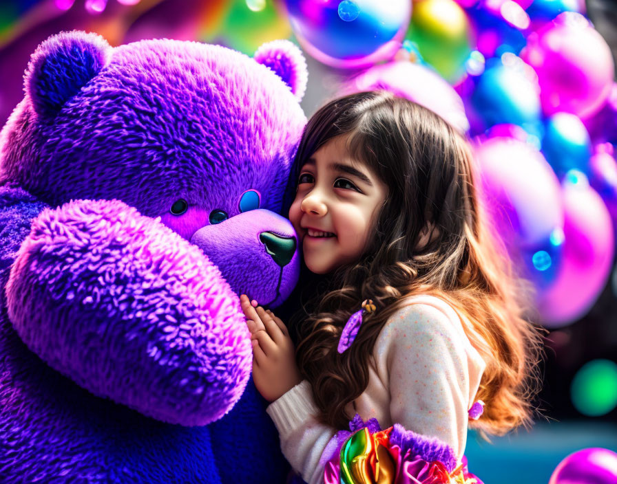 Young girl with curly hair embraces giant purple teddy bear in vibrant balloon-filled scene