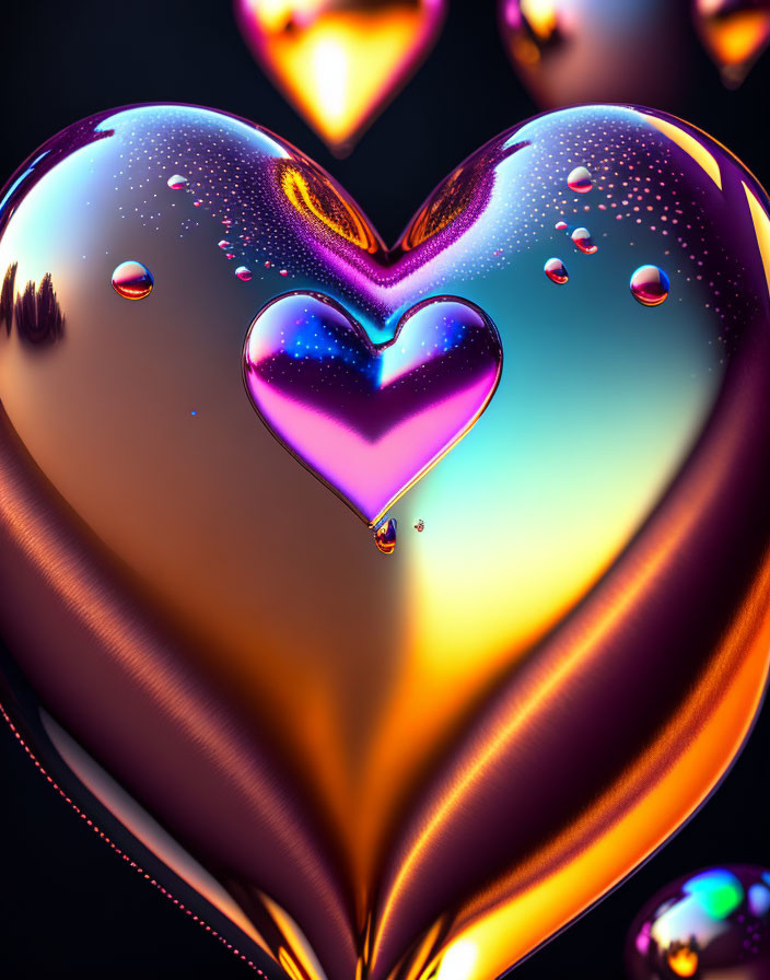 Shiny golden heart with purple reflection on dark background