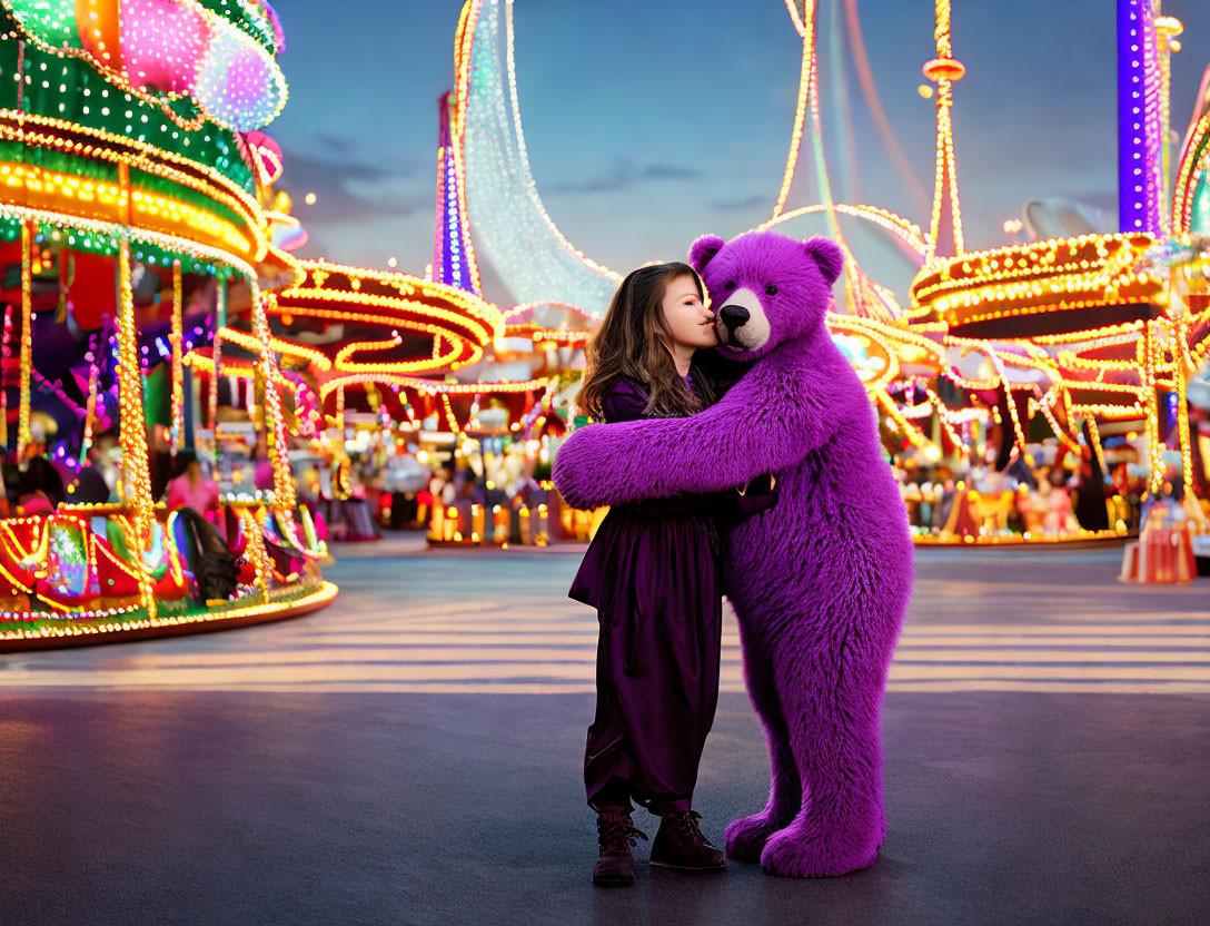 Girl in dress hugging purple teddy bear at illuminated fairground