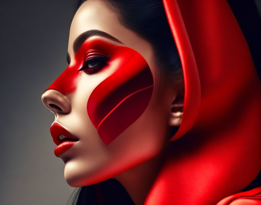 Woman with Striking Red Geometric Makeup and Hood on Gray Background