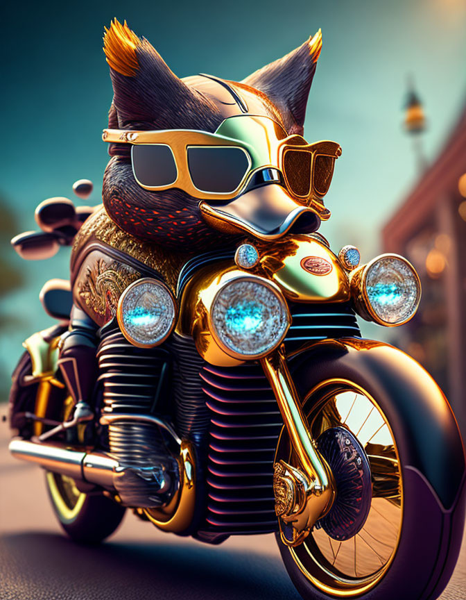 Anthropomorphic fox on motorcycle in vibrant cityscape