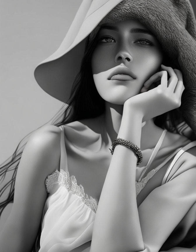 Monochrome portrait of woman in wide-brimmed hat with pensive expression