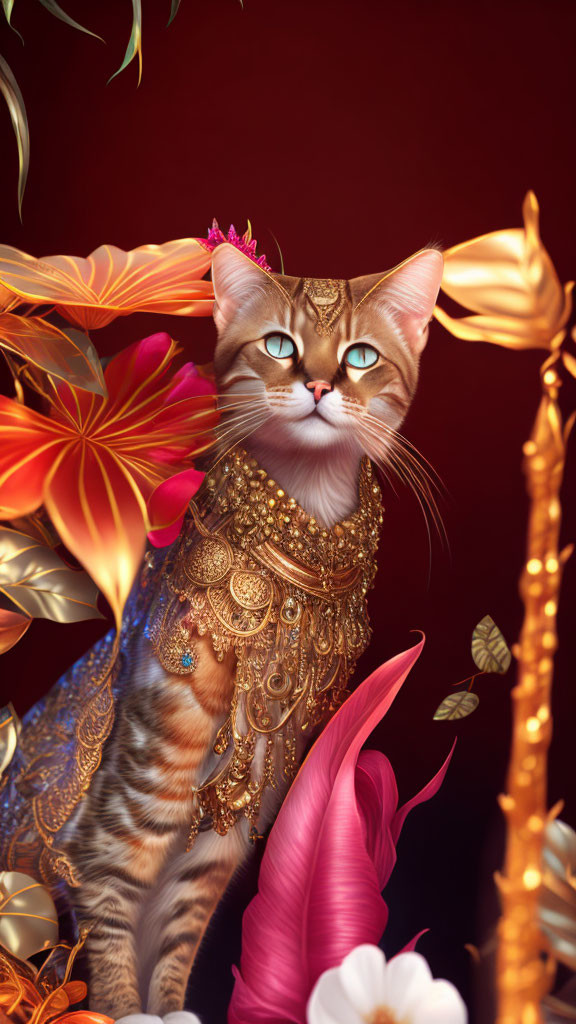 Vibrant digital art: Cat in golden attire with flowers on red backdrop