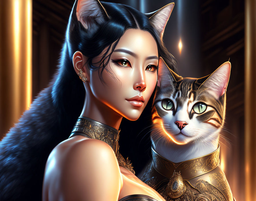 Elegant woman and cat with feline features in regal pose