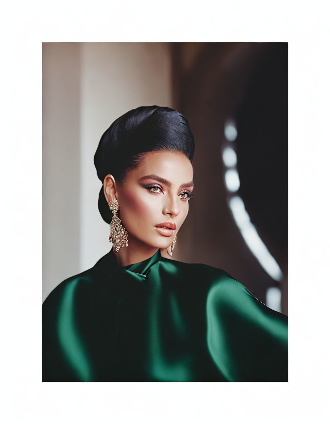 Dark-haired person in updo with dramatic makeup and green high-neck garment.