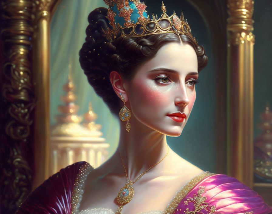 Regal woman in pink gown with crown and earrings against ornate backdrop