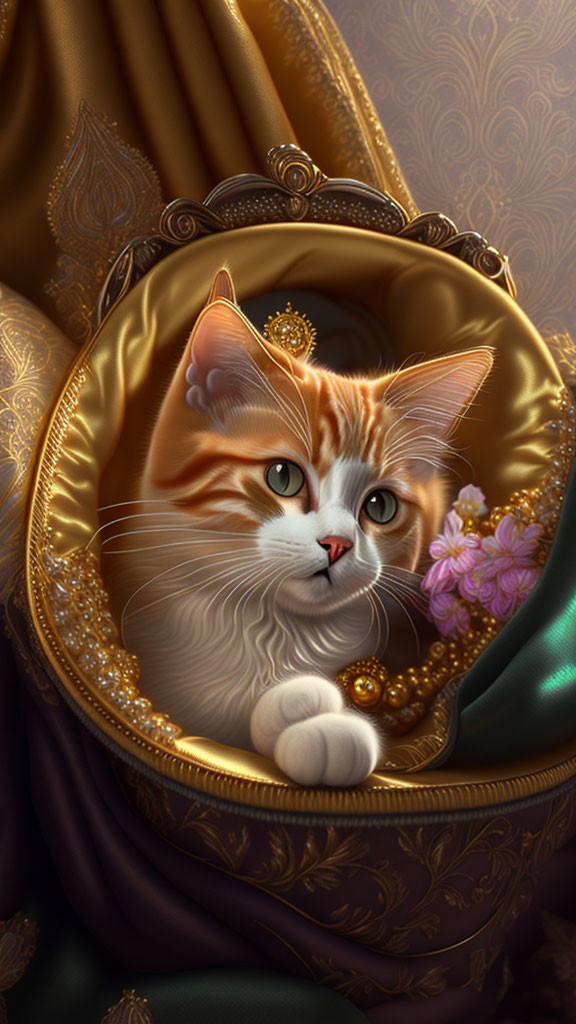 Orange and White Cat with Striking Eyes in Ornate Golden Frame