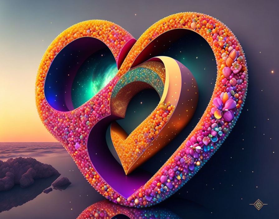 Multicolored 3D Heart Over Twilight Ocean Landscape