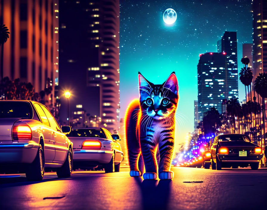 Colorful cat illustration in city street at night with cars and palm trees