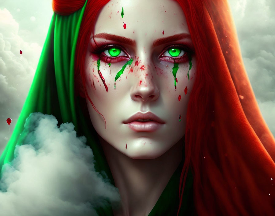 Fantasy portrait featuring red-haired person with green eyes and blood-like tears on green and red backdrop