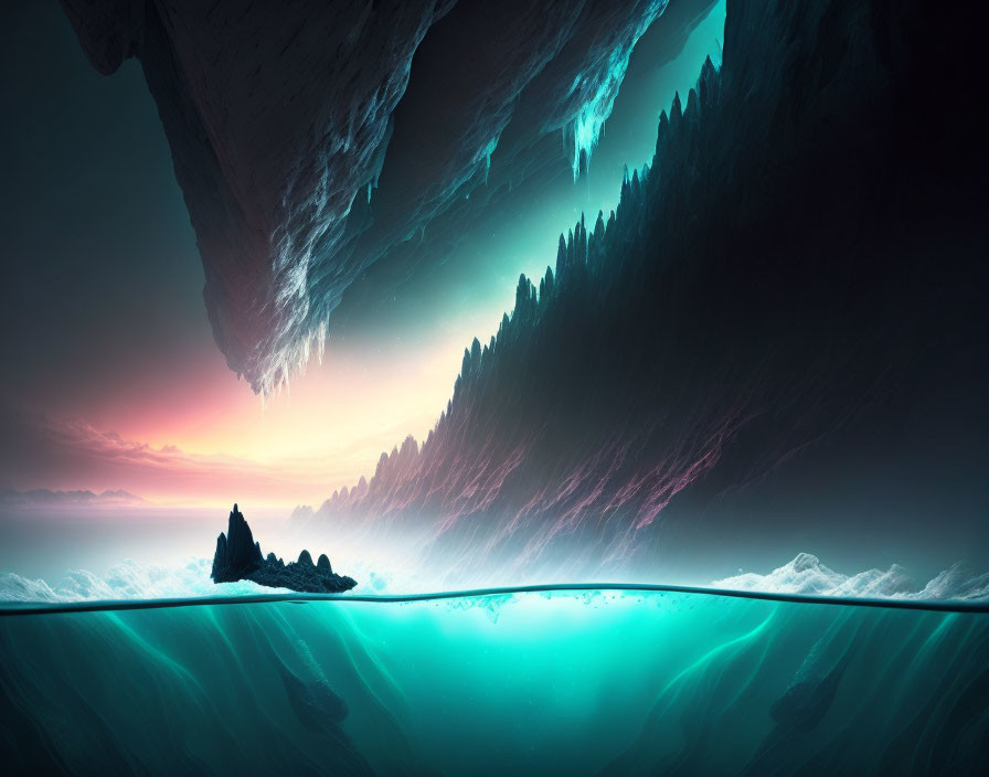 Surreal digital artwork: Underwater floating island with illuminated stalactites