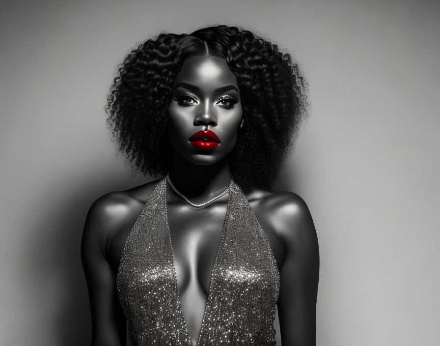 Monochrome portrait of woman with curly hair and red lips