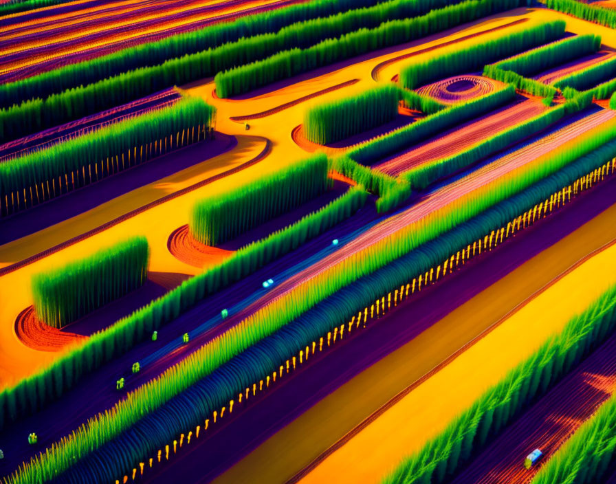 Colorful neon-like agricultural fields pattern in digital artwork style