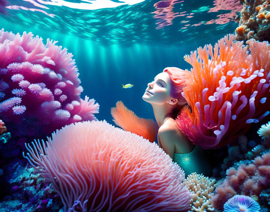 Colorful Underwater Scene with Woman Among Coral Reefs and Marine Life