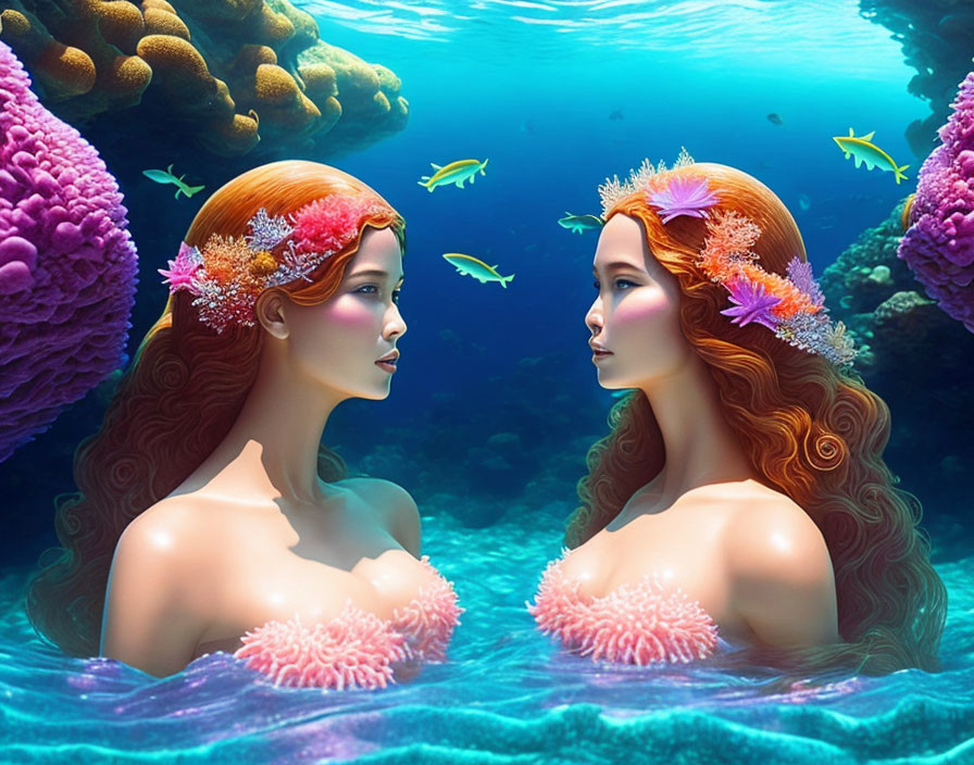 Mermaids with coral tiaras in vibrant underwater scene