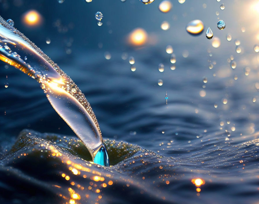 Macro shot of water pouring from bottle, forming ripples and droplets in blue liquid.