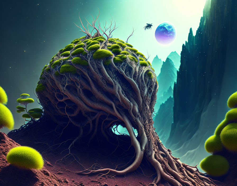 Fantastical landscape with tree-like structure, mossy spheres, and flying creature.