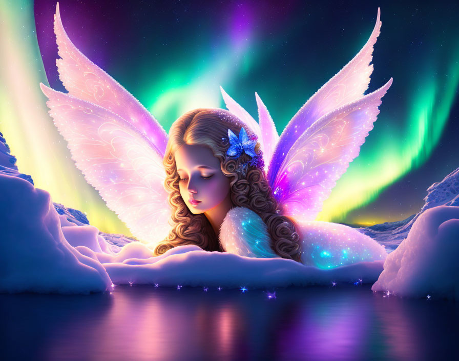 Illustration: Serene fairy with pink wings by reflective water under starry skies.