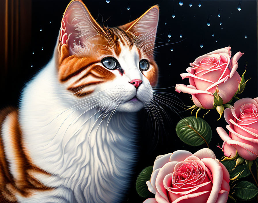 Detailed Illustration: Orange Tabby Cat with Pink Roses on Rainy Background