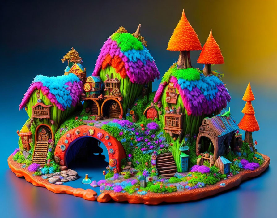 Vibrant miniature fantasy landscape with whimsical houses and colorful trees on an island.