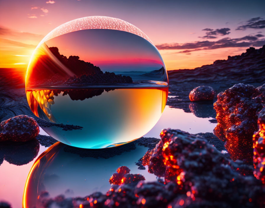 Vibrant sunset reflected in crystal ball on rocky beach