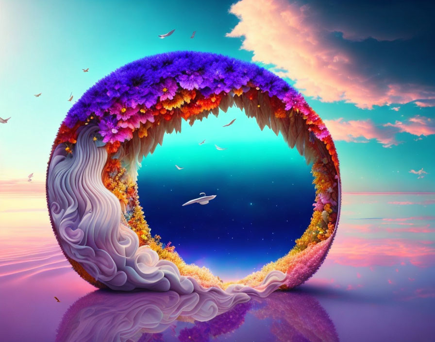 Floral and Wave Circular Frame Surrounds Starry Sky and Birds Flying over Purple Sea at Sunset