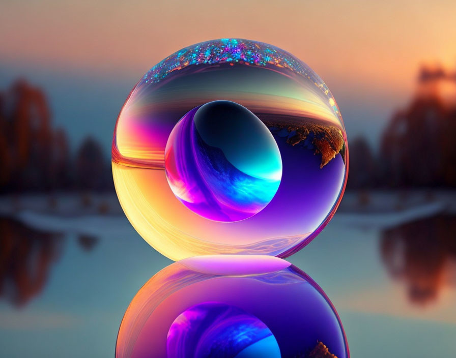 Iridescent bubble reflecting sunset landscape with trees and water