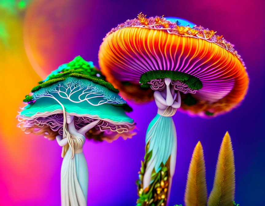 Colorful Fantasy Mushrooms on Rainbow Background