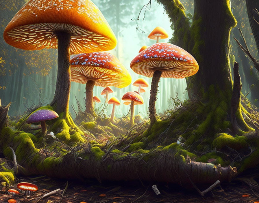 Vibrant red-capped mushrooms in misty enchanted forest