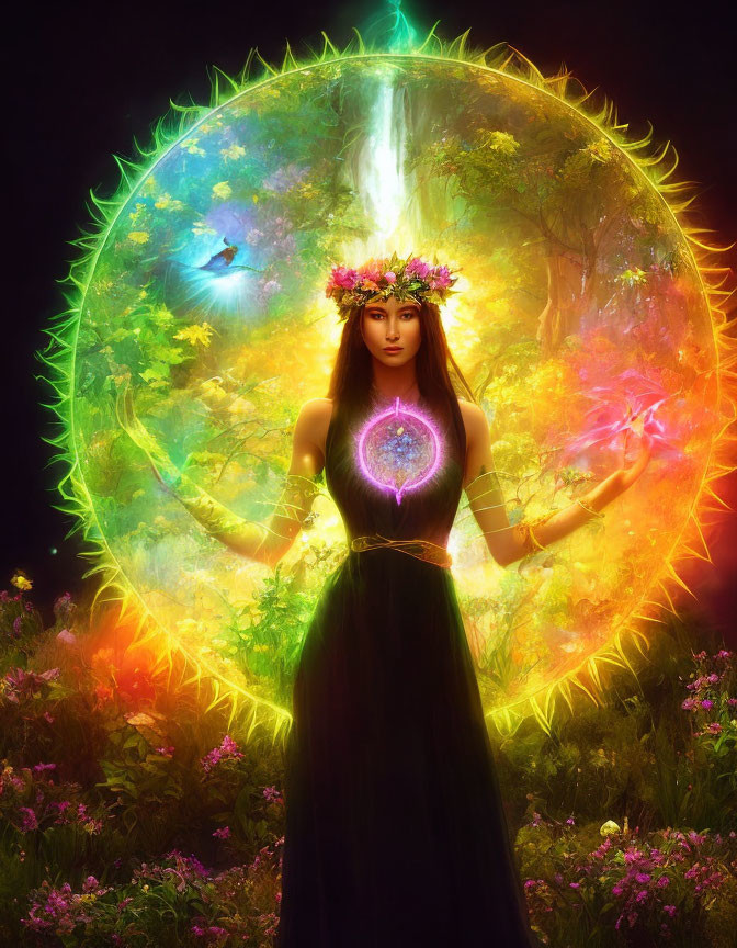 Mystical woman with floral headpiece and magical orb in enchanted garden